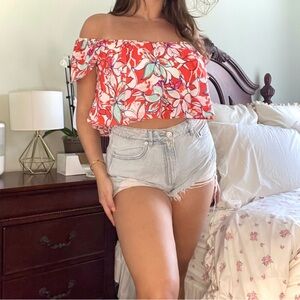 Aqua floral off the shoulder crop top